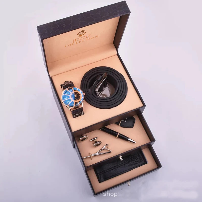 Men Luxury Gift Set Fashion Business Watch Leather wallet belt Men's Cufflinks Tie Clip Keychain Ballpoint Pen Present for Men