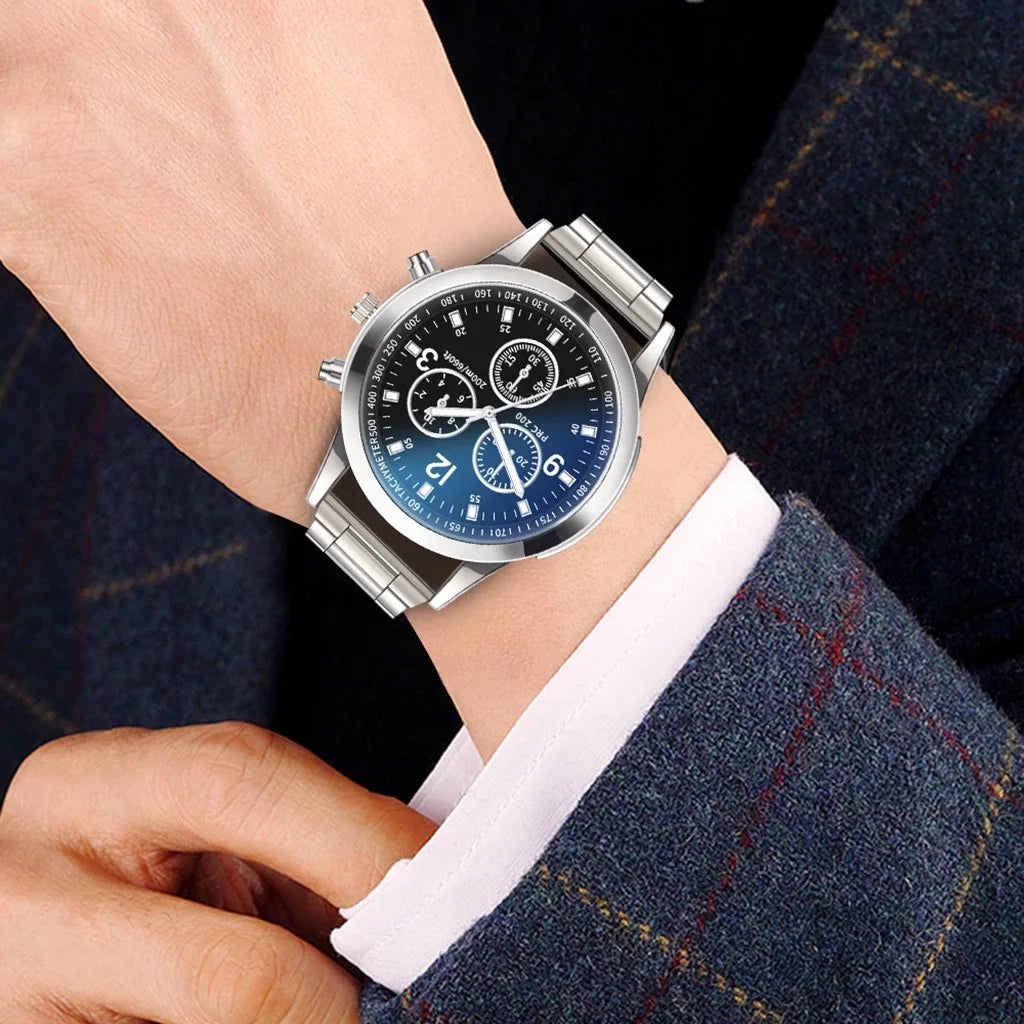 Dazzling colour blue glass three eyes steel belt watch men quartz watches gifts men's watches wholesale