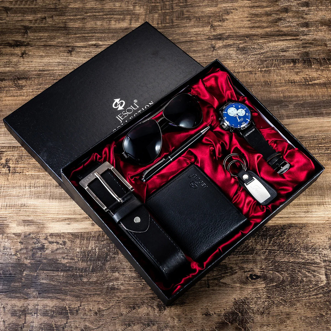 Gift Business Luxury Company Mens Set 6 in 1 Watch Glasses Pen Keychain Belt Purse Welcome Holiday Birthday