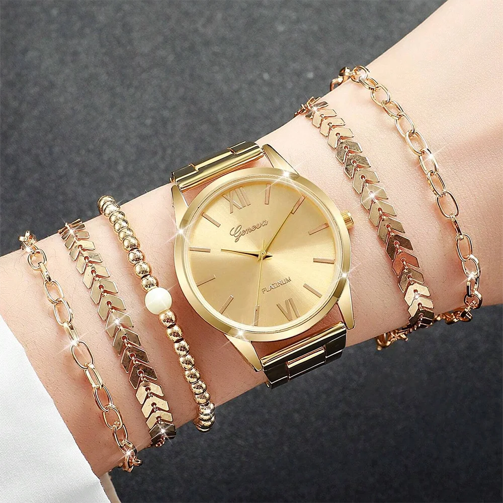 6PCS/Set Fashionable Ladies Elegant Watch Ladies Luxury Quartz Watch Light Luxury Watch Bracelet Set As A Gift For Mom